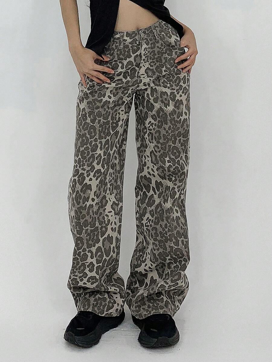 DAZY 女士豹纹前扣直筒牛仔裤，休闲款 - 淺灰色 - 查看 1