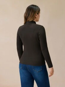 BizChic Áo len dệt kim cổ polo tay dài màu trơn cỡ lớn cho nữ, mùa thu/đông - Cà phê nâu - Xem 2