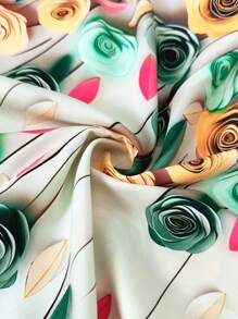 SHEIN Franclia 加大码 1 件花卉图案灯笼袖高领上衣 - 彩色 - 查看 3