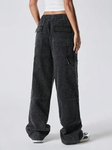 LYSMO Women's Washed Low Waist Cargo Jeans - Black - View 2