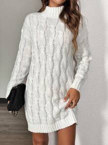 Chiquease Casual Everyday Minimalist Solid Color High Neck Textured Knit Sweater Dress For Autumn/Winter Fall Cloth For Women - White - View 6