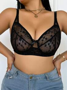 大码女士花卉网眼蝴蝶结装饰文胸套装，无钢圈 - 黑色 - 查看 4