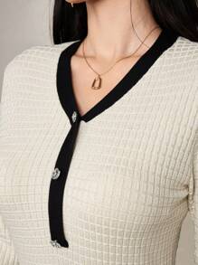 Modelyn Women's Casual Contrast Color Block V-Neck Mermaid Fitted Sweater Dress, Autumn - Apricot - View 4