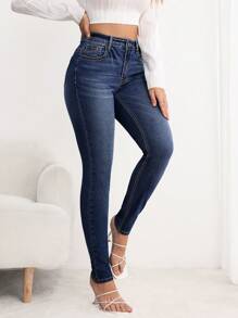 SHEIN LUNE Jeans de mezclilla minimalistas con bolsillo y botones frontales para mujer, uso casual diario