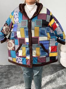 SHEIN CURVE+ Plus Size Christmas Hooded Fleece Jacket, Autumn/Winter - Multicolor - View 4