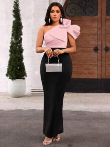 SHEIN Lady 婚礼宾客礼服 黑色和撞色蝴蝶结立体造型齐腰长裙 - 粉色 - 查看 6