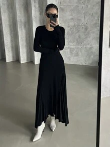 DAZY 1pc Women's Midi Length Backless Asymmetrical Hem Dress,Casual Women Dresses,Fall Dress Long Sleeve Dress - Black - View 9