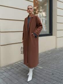 SHEIN Cottnline Oversize Exstra Long Overcoat For Spring & Autumn - Brown - View 3