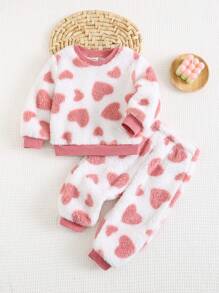 Cozy Pixies 2 件套女婴心形图案圆领长袖插肩运动衫和锥形裤套装 - 粉色 - 查看 7