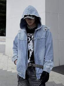 Manfinity EMRG 男士仿旧洗水拉链牛仔夹克，适合休闲外出 - 藍色 - 查看 7