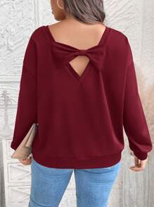 SHEIN LUNE 大码休闲舒适蝴蝶结后背镂空运动衫冬季运动衫 - 酒紅色 - 查看 5