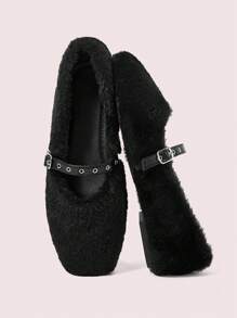 CUCCOO DOLLMOD New European Style Mink Wool Round Toe Flat Slip-On Monk Strap Women Loafers New Year Holiday Valentines
