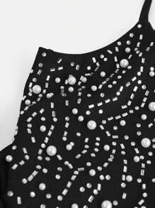 SHEIN Leap Crew Teen Girl's Black Rhinestone & Beaded Mesh Contrast Elegant Ruffle Short Party Dress - Black - View 15