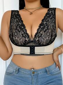 Plus Size Bra, Minimalist Romantic Contrast Lace, Front Closure, High Lift Support, Comfortable Daily Wear, Lingerie - Black - View 5