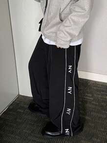 DAZY Men's Casual Everyday Letter Print Fashion Loose Fit Wide Leg Pants, Autumn Men Joggers - Black - View 9