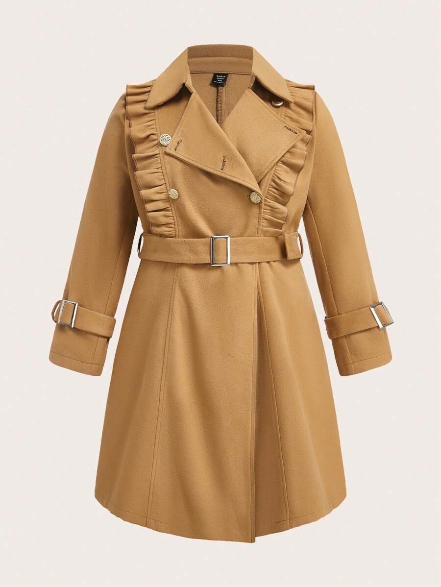 Flirla 1pc Plus Size Women Double-Breasted Ruffle Hem Adjustable Waist Belt Coat, Suitable For Autumn/Winter - Camel - View 1
