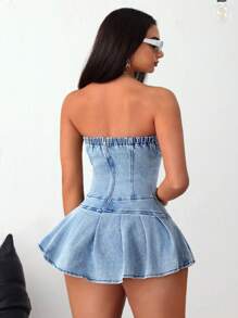 SHEIN ICON 女性喜欢金属扣设计褶皱下摆露肩牛仔连衣裙