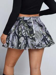 SHEIN ICON Plus Size All-Over Print Pleated Washed Denim Skirt, Casual - Multicolor - View 2