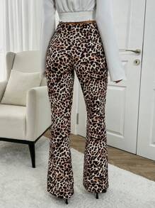EURMUSE Leopared Printed Flare Leg Pants - Brown - View 2