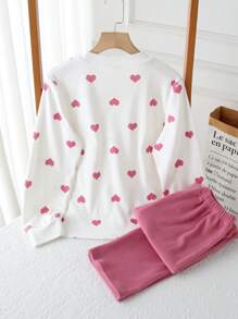 2 件套 Tween 女孩休闲粉色爱心印花圆领长袖上衣和裤子睡衣套装 - 彩色 - 查看 2