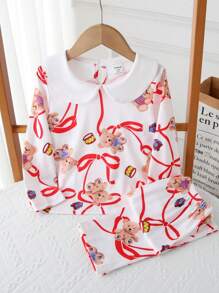 2pcs Young Girls Bow Tie Ribbon Bear Gift Graphic Print Long Sleeve Peter Pan Collar Top & Casual Pants Comfortable Home Set - Multicolor - View 5