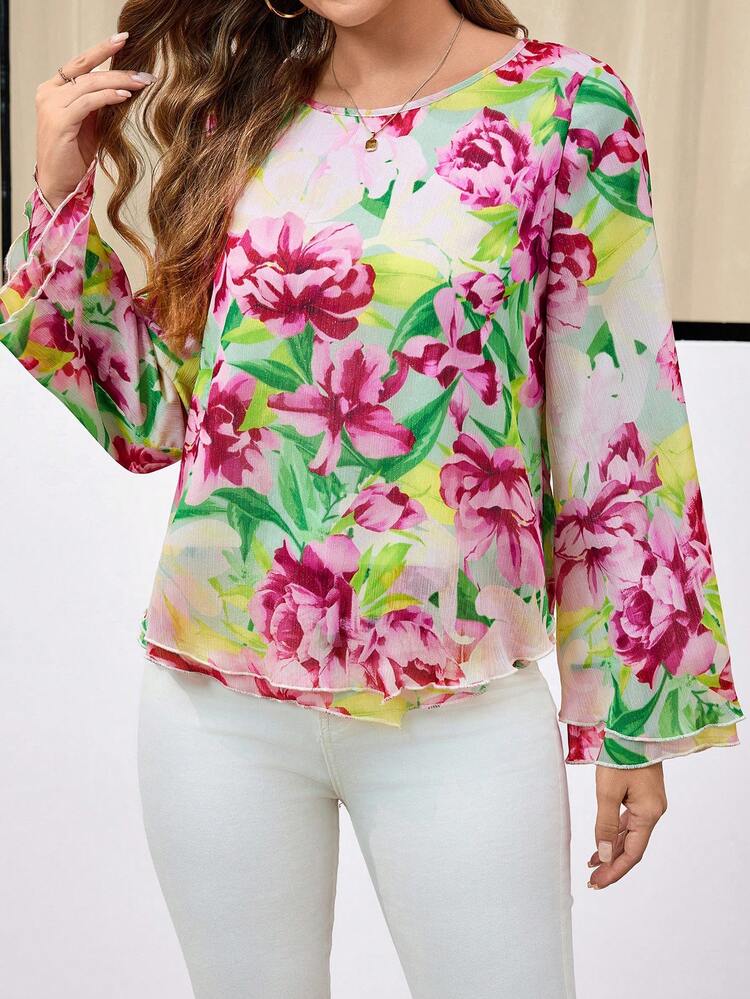 Women Floral All Over Print Round Neck Long Sleeve Top, Casual Daily Wear