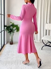 SOLERSUN 优雅淑女双排扣西装领连衣裙长款女装秋季服装 - 粉色 - 查看 2