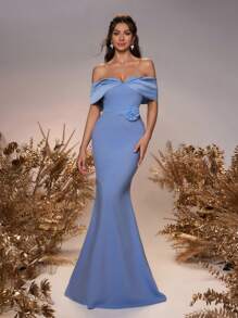 SHEIN Belle Elegant And Romantic Blue Satin Spliced ​​Stretch Knit Fabric One-Shoulder Bow Three-Dimensional Flower Decorative Belt Fishtail Hem Wedding Event Formal Ladies Bridesmaid Dress