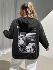 SHEIN CURVE+ 大码标语椰子树图案印花连帽衫，秋冬宽松大码女式运动衫寻找棕榈树最美的风景在攀登最高处之后挑战自己