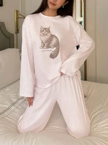 DAZY Cat Print Polka Dot Loose Pajama Set, Fall Winter Clothes