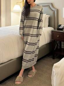 DAZY Fleece Floral Striped Loose Fit Lounge Dress For Winter, Moo Moo, For Fall Winter Pajama, Cozy Outfit