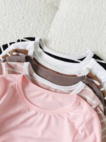 6 件装女婴条纹纯色长袖 T 恤，百搭、舒适、时尚，适合秋季 - 彩色 - 查看 4