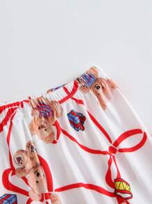 2pcs Young Girls Bow Tie Ribbon Bear Gift Graphic Print Long Sleeve Peter Pan Collar Top & Casual Pants Comfortable Home Set - Multicolor - View 6