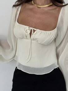 Aloruh Square Neck Gathered Waist Flared Textured Puff Sleeve Blouse