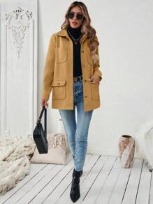 EMERY ROSE 1pc Women Plain Color Button Front Long Sleeve Pocket Casual Jacket Fall Winter Cloth For Women - Khaki - View 5