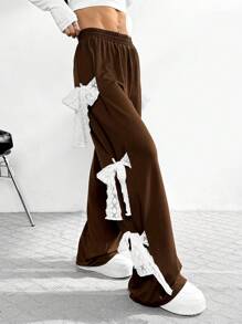 Chiquease Ins Style Casual Women Wide Leg Pants With Bow Lace Patchwork Detail, Loose Fit Straight Trousers For Autumn