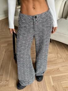 SHEIN EZwear Quần ống rộng in họa tiết toàn thân thiết kế nút thắt eo cho nữ - Xám - Xem 4