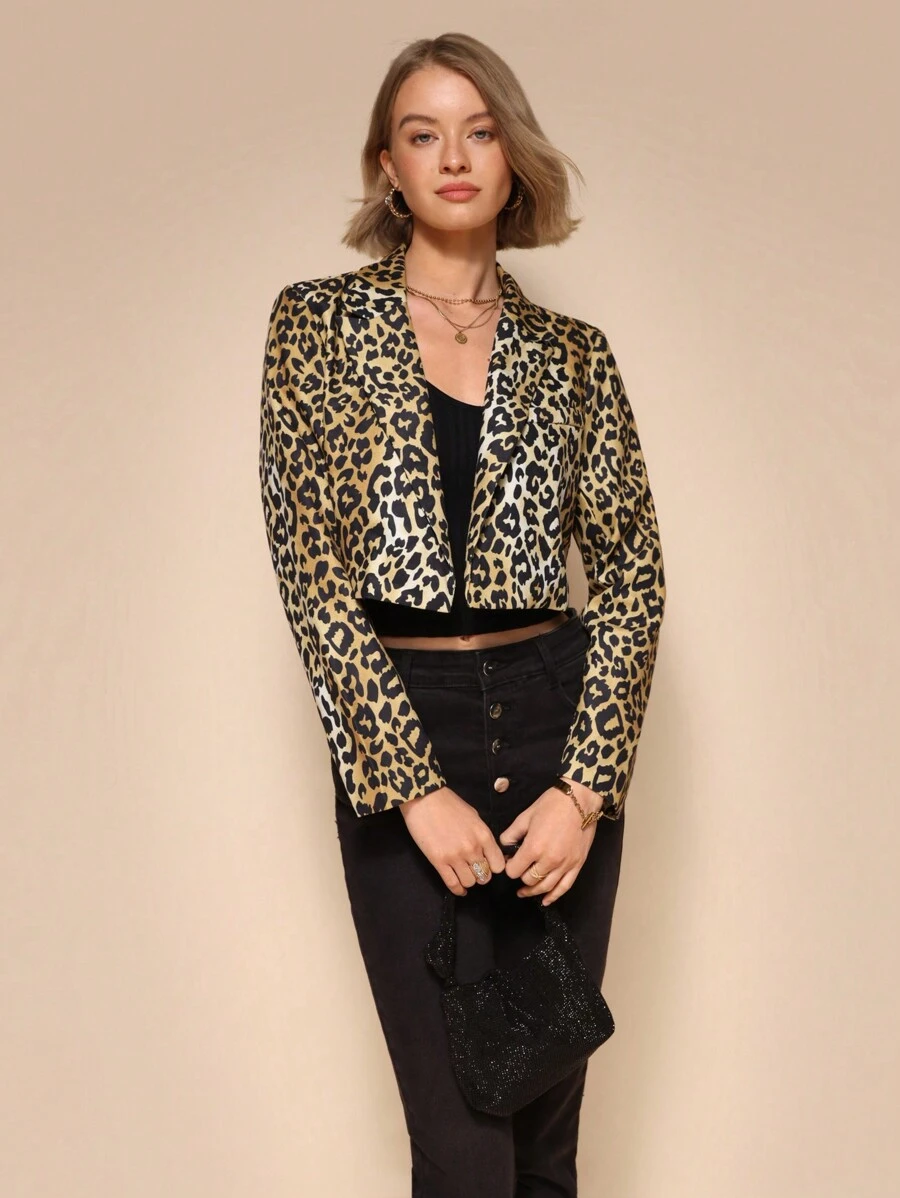 Chiquease 女士时尚豹纹翻领长袖薄款夹克