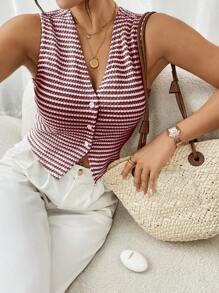SHEIN Frenchy 女士夏季条纹 V 领单排扣休闲背心