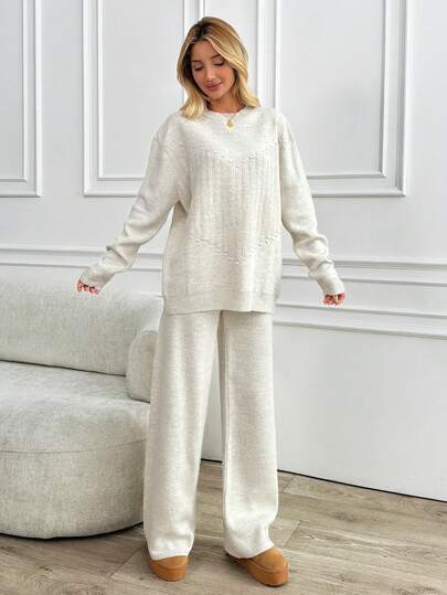 EURMUSE 2 Pcs Set: Cable Knit White Sweater And Wide Leg Pants, Casual/Loungewear