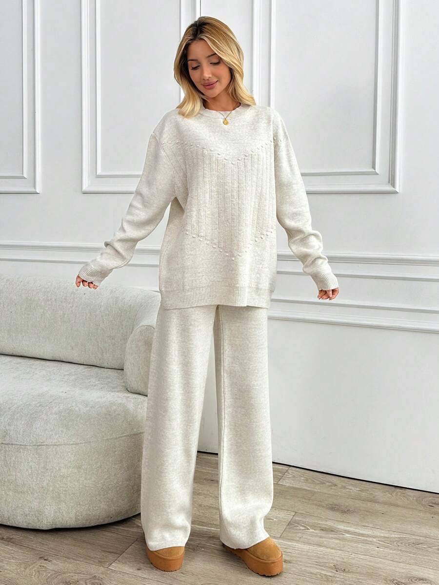 SHEIN Tall Tall 2 Pcs Set: Cable Knit White Sweater And Wide Leg Pants, Casual/Loungewear Everyday Homewear Autumn Lounge