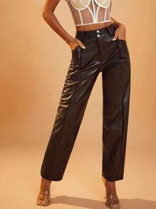 SHEIN Unity 1 条女式纯色纽扣前口袋简约设计长裤，休闲日常穿着