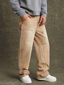 Men Premium Cotton Denim Straight Leg Utility Jeans - Camel - View 3