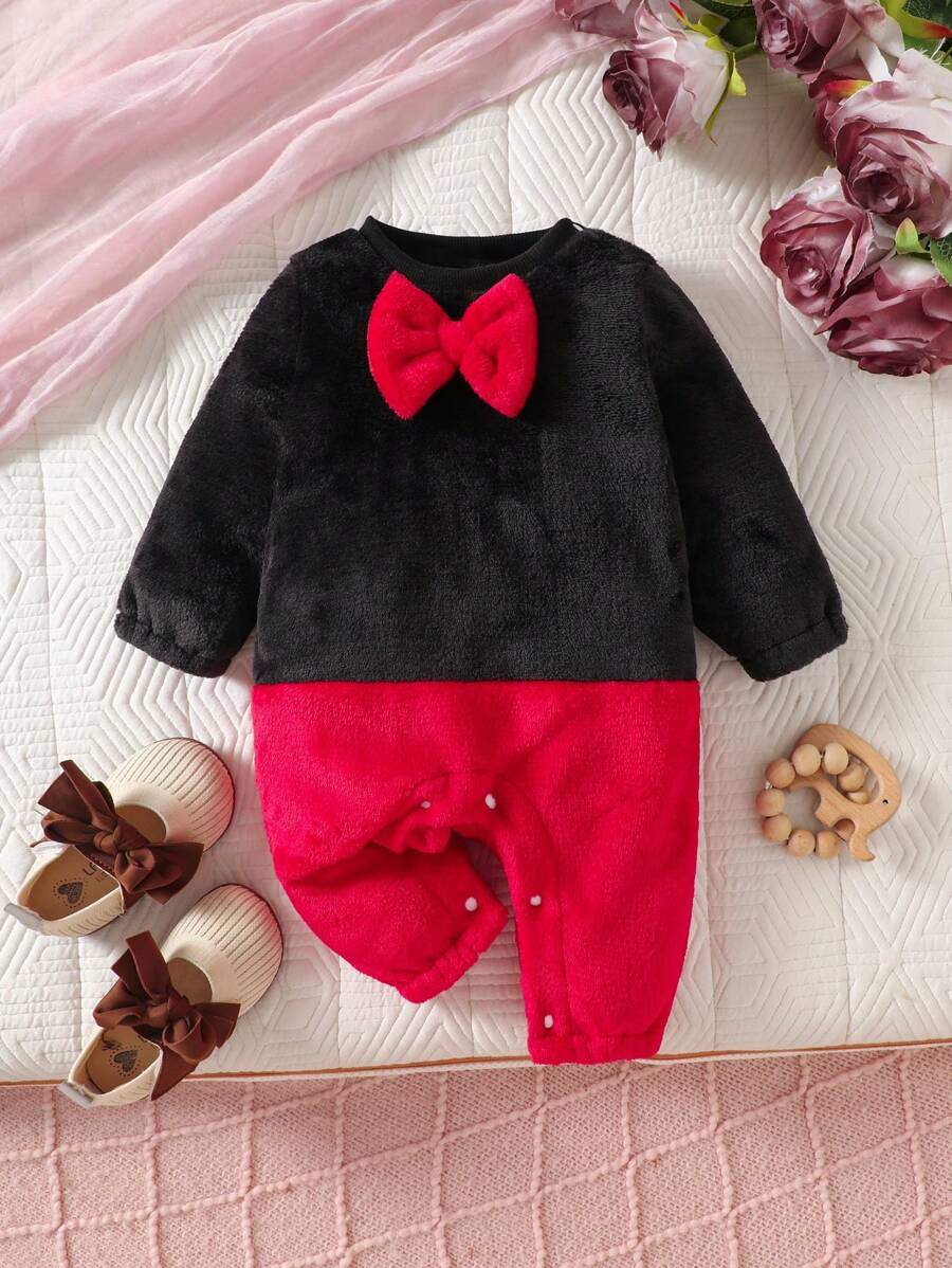 SHEIN Bộ đồ liền thân trang trí nơ cho trẻ sơ sinh, thiết kế thời trang mới cho mùa thu đông - Đỏ - Xem 1