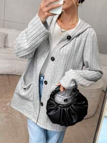 SHEIN Privé Women Grey Hooded Fleece Loose Jacket - Grey - View 2