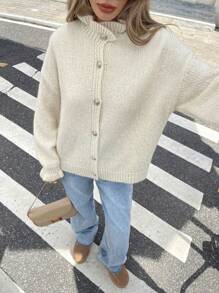 SHEIN Frenchy Áo len cardigan cài nút bèo nhún thường ngày cho nữ, Áo len cardigan dài tay màu trơn mềm mại cho nữ, Áo len cardigan dài tay màu trơn mềm mại cho nữ, Chúng tôi khuyên bạn nên mua nhỏ hơn một cỡ! Siêu ấm và mềm mại! Vào mùa thu/đông - Nhiều màu - Xem 5