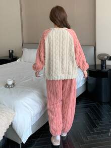 DAZY 可爱猫咪图案拼色插肩袖纹理法兰绒加厚睡衣套装 - 粉色 - 查看 2