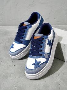 Beok 女士黑白星星印花休闲运动鞋透气拼接学生舒适平底鞋万圣节圣诞节学生鞋滑板鞋秋冬休闲运动鞋 - 藍白色 - 查看 9