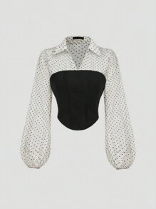 SHEIN MOD Black Polka Dot Mesh Puff Sleeve Collared Tie-Waist Blouse,Fall Blouses,Dressy Shirts,Work Women Shirts,V Neck Shirt,Polka Dot Shirts,Collared Women Shirt,Black Shirts Women,Work Clothes,Long Sleeve Women Blouses, Festival Shirt,Long Sleeve Blouse - Multicolor - View 1