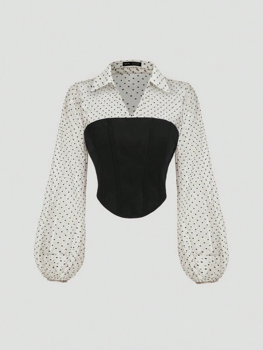 SHEIN MOD Black Polka Dot Mesh Puff Sleeve Collared Tie-Waist Blouse,Fall Blouses,Dressy Shirts,Work Women Shirts,V Neck Shirt,Polka Dot Shirts,Collared Women Shirt,Black Shirts Women,Work Clothes,Long Sleeve Women Blouses, Festival Shirt,Long Sleeve Blouse - Multicolor - View 1